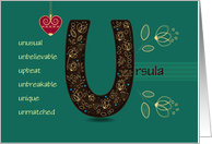 Name Day of Custom Name. Letter U and Golden Color Flowers card