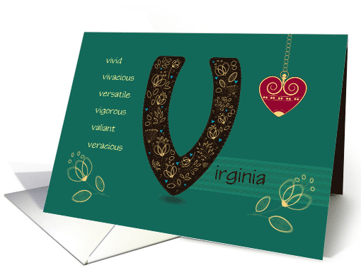 Name Day of Custom Name. Letter V and Golden Color Flowers card