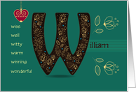 Name Day of Custom Name. Letter W and Golden Color Flowers card
