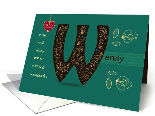 Any Occassion for Custom Name. Letter W and Golden Color Flowers card