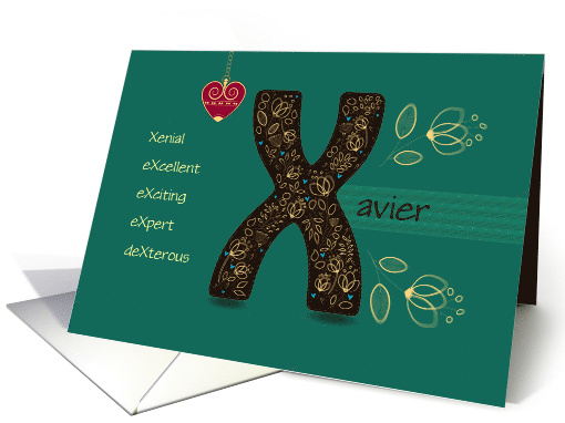 Name Day of Custom Name. Letter X and Golden Color Flowers card