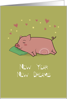 New Year. New Dreams. 2031 Year of the Pig. Cartoon Pig with pillow. card