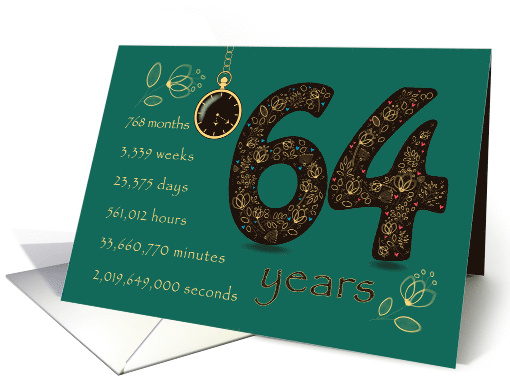 64th Birthday Card. 64 years break down into months, days, etc. card
