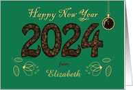 Happy New Year 2024 Golden Flowers and Watch Custom Name card