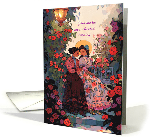 Romantic Evening Two Women in Love Seated Amid Lush Rose Bushes card