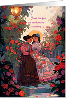 Romantic Evening Two Women in Love Seated Amid Lush Rose Bushes card