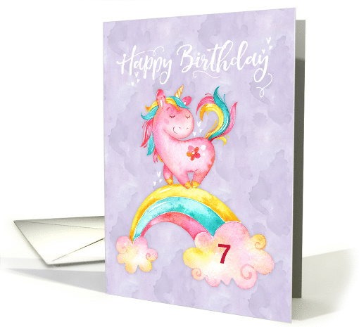 Custom Age Unicorn on Rainbow Watercolor Effect Birthday card