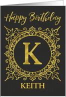 Illustrated Custom Happy Birthday Gold Foil Effect Monogram K card