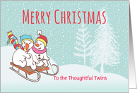 Custom Christmas Snowmen Sleighing Downhill For Twins card