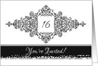 Flourish Frame Black and White Invitation 16th Birthday card