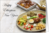 Ethiopian Cuisine with Injera and Dora Wat, Happy Ethiopian New Year card