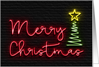 Neon Merry Christmas with Tree and Star, Black Brick Wall Background card