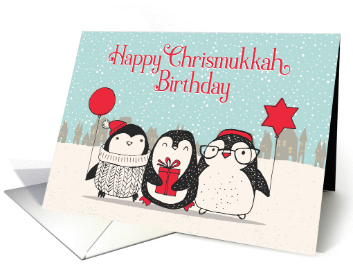 Happy Chrismukkah Birthday Snow Three Penguins with Balloon, Gift card