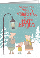 Merry Christmas and Happy Birthday Singing Mice Snowy Scene card
