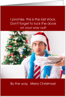 Humor Merry Christmas For Work Husband, Man with Santa Hat, Christmas Tree, Stack of Papers card