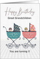 Custom Great Grandchildren 1st Birthday, Twin Boy and Girl, Stroller card