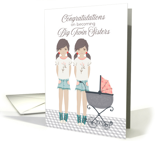 Illustrated Becoming Big Twin Sisters Two Girls with Stroller card