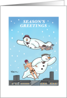 Snowman Flying High on Love with Adult Sex Toy at Christmas card
