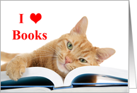 Tabby cat hugging an open book card