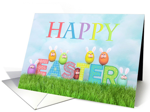 Colorful eggs bunnies in grass wishing Happy Easter card (1517808)