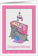 New Baby Congratulations - Cute Kitty Baby & Sleepy Parents card