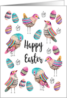 Happy Easter Boho Style Cute Birds Eggs Flowers Pink Blue White card
