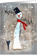 Elegant Christmas Snowman with Umbrella and a Present card
