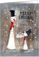 Christmas Snowman giving a Present to a Snow Child card