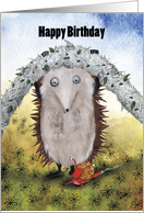 Hedgehog helping his little Snail Best Friend under a Rope Birthday card