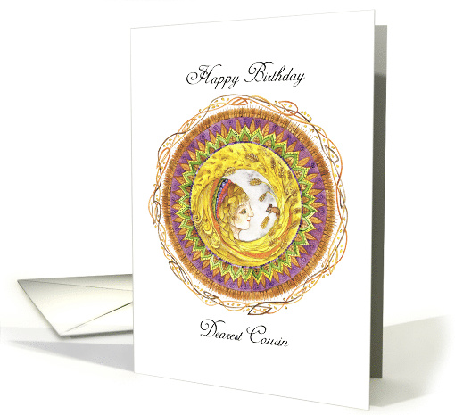 Birthday for Cousin, with Woman, Harvest Mouse, Mandala and Corn card
