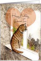 Happy Birthday, Twin, Tabby Cat and Hearts, Art card