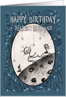 Happy Birthday, Husband, Robot with Duck and Bird on the Moon, card