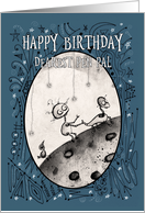 Happy Birthday, Pen Pal, Robot with Duck and Bird on the Moon, card