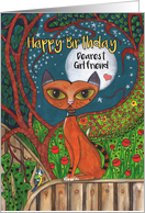 Happy Birthday, Girlfriend, Cat, Blue Tit Bird and Moon card