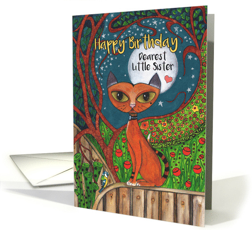 Happy Birthday, Little Sister, Cat, Blue Tit Bird and Moon card