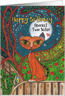 Happy Birthday, Twin Sister, Cat, Blue Tit Bird and Moon card
