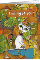 Thinking of You, White Cat, Abstract Art card