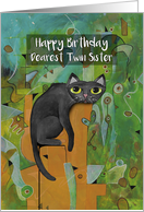 Happy Birthday, Dearest Twin Sister, Lucky Black Cat, Abstract card