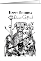 Happy Birthday Dearest Girlfriend Little Dog with Flowers card