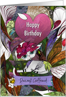 Happy Birthday Dearest Girlfriend White Cat with Flowers and Hat card