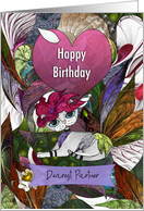 Happy Birthday Dearest Partner White Cat with Flowers and Hat card