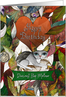 Happy Birthday Dearest Stepmother Grey and White Cat with Leaves card