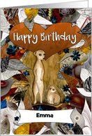 Happy Birthday Custom Name Two Meerkats with Leaves and Flowers card