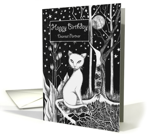 Happy Birthday Dearest Partner White Cat Flowers and Moon card
