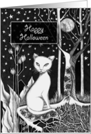 Happy Halloween White Cat Flowers and Moon card