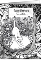 Happy Birthday Dearest Wife White Cat in a Flower Garden card