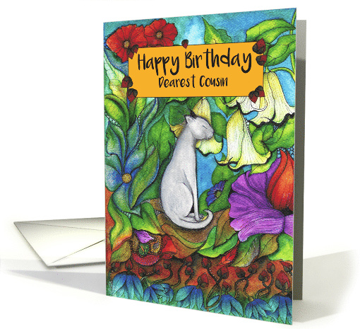 Happy Birthday Dearest Cousin White Cat sitting with flowers card