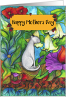 Happy Mother’s Day White Cat sitting with flowers card