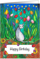 Happy Birthday Grey Cat sitting by tulips card