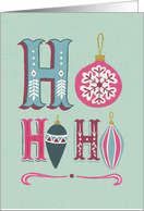 Hand lettered, Ho Ho Ho, Merry Christmas, Ornaments, Faux Gold Glitter card